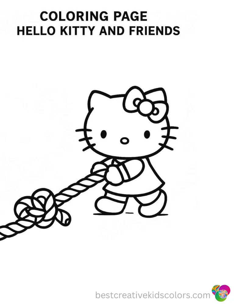 Hello Kitty cheerfully pulls a thick tied rope inside Coloring page hello kitty and friends.