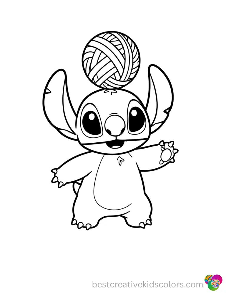 A sweet coloring page of stitch cleanly displays Stitch balancing a soft yarn ball.