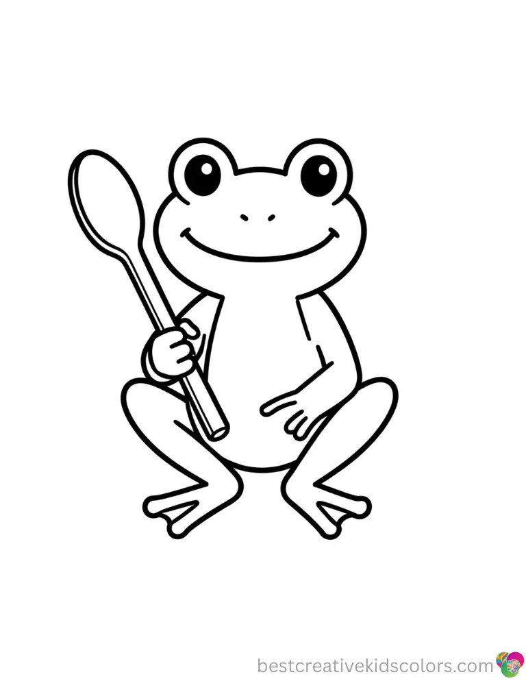 Coloring pages for february cleanly features a happy frog carrying a simple wooden spoon.