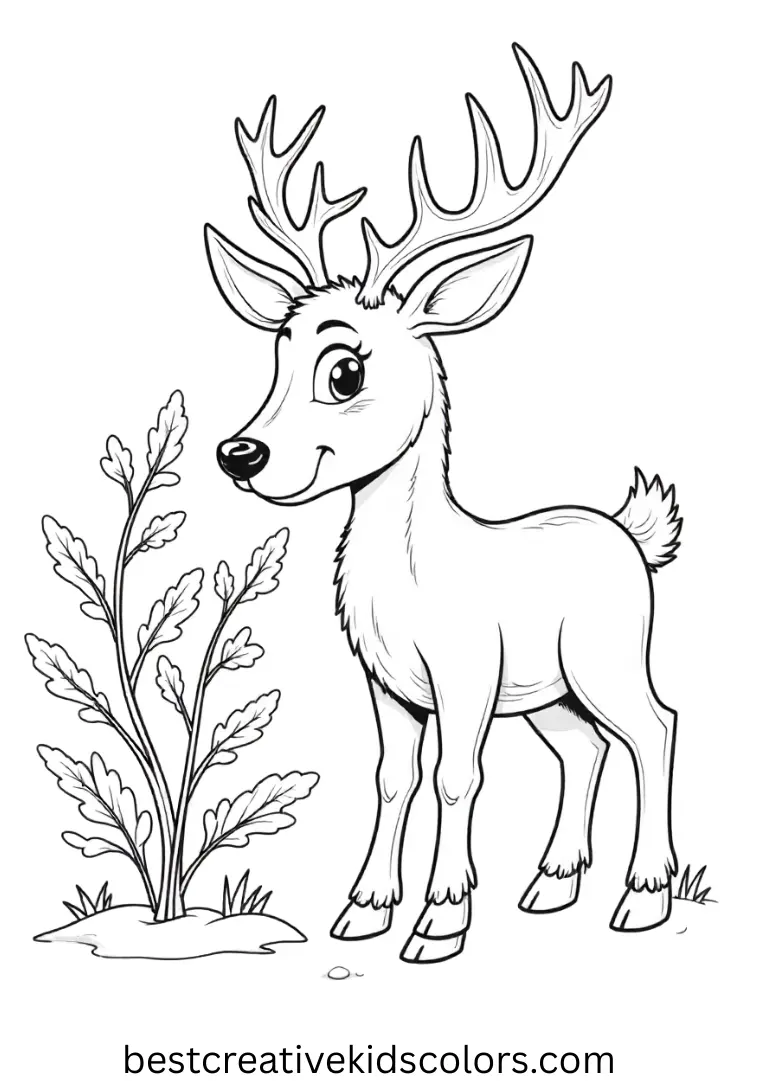 Coloring pages for january month animals shows a deer sniffing frost-covered leaves.
