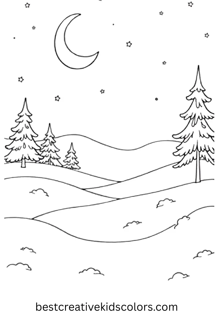 Coloring pages for january month for adults depicts soft snow drifts under a crescent moon.