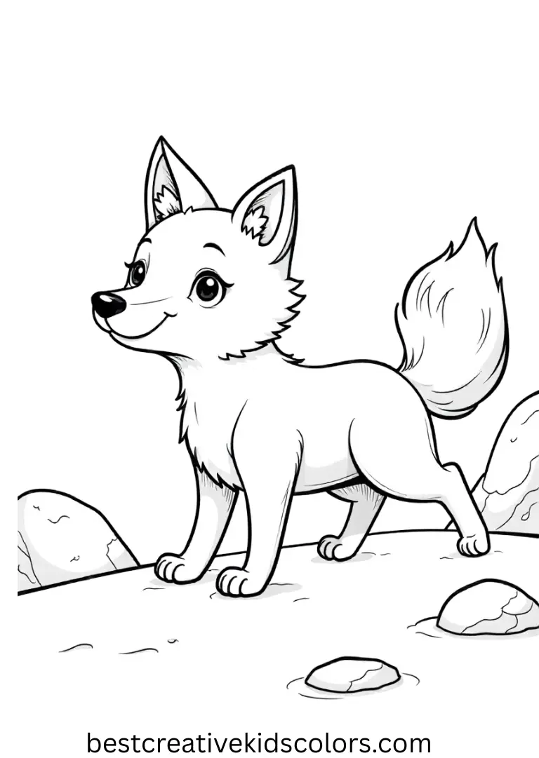 A fox scurries past snow-covered stones in Coloring pages for january month pdf mid-scene.