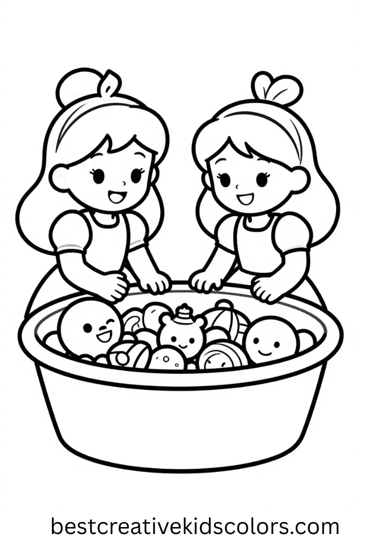 Coloring pages for kids PDF free download shows princesses exploring a mini sensory bin.