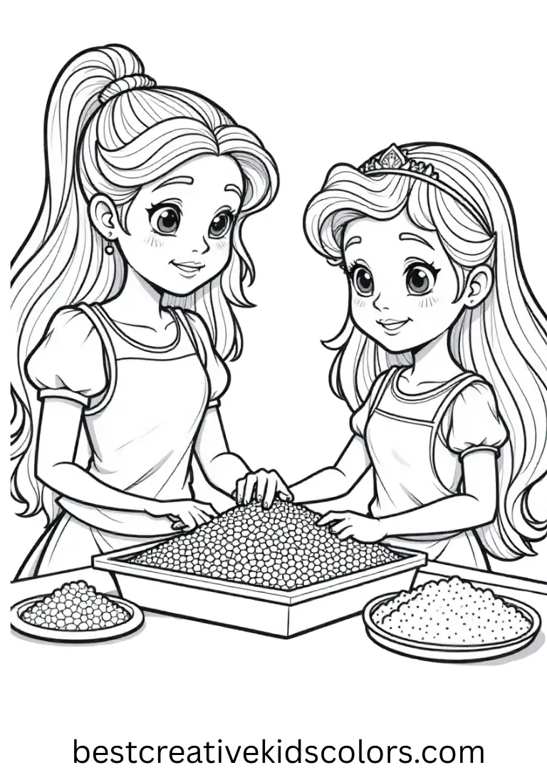 Coloring pages for kids PDF features princesses making patterns with colored rice in trays.
