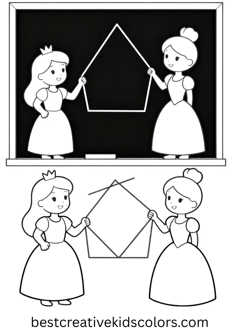 Princesses trace geometric shapes with chalk on blackboards in Coloring pages for kids educational.