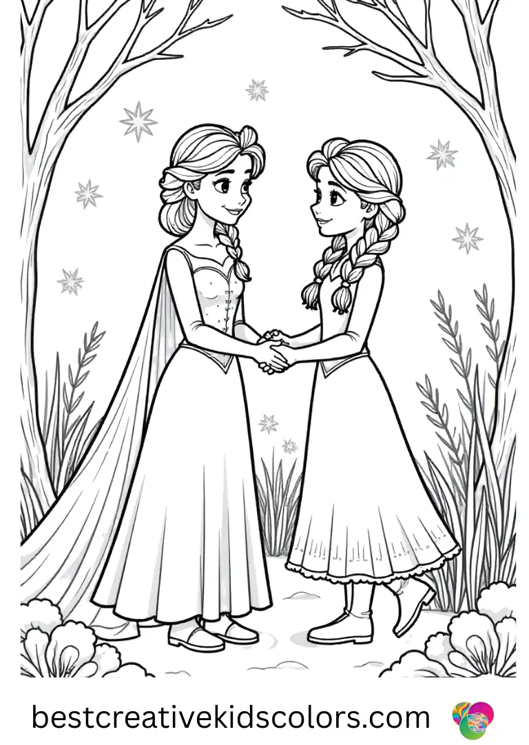 Coloring pages for kids elsa and anna pdf Explore Elsa and Anna decorating a glittering winter garden with bold, clean outlines.