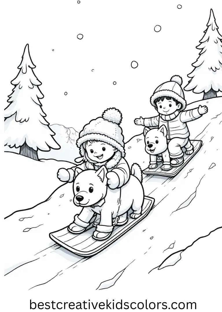 Coloring pages printable Kids explore Coloring pages printable with playful pets sliding on snowy hills.