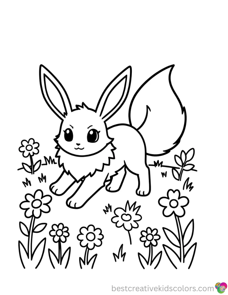A fluffy Eevee runs across a flowery meadow inside these fun coloring pages printable pokemon.
