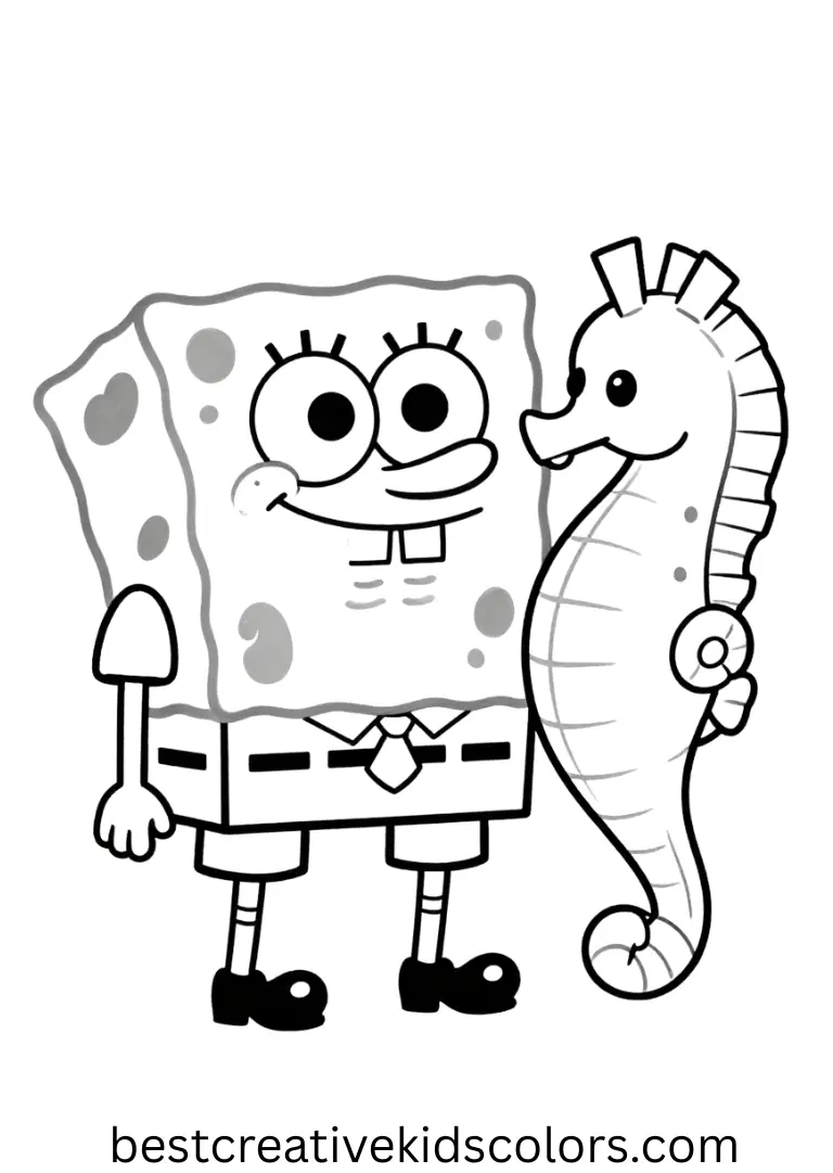 SpongeBob meets a playful seahorse friend in Coloring pages printable spongebob animals.