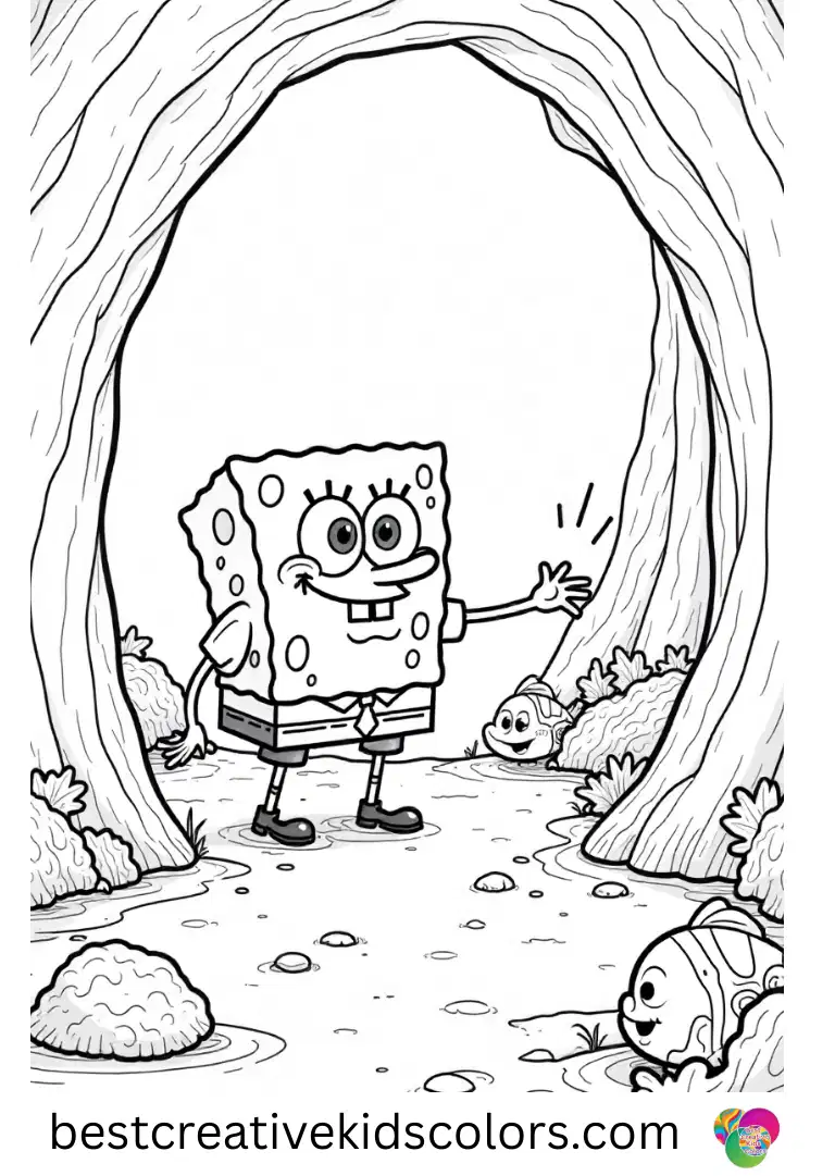 SpongeBob and a tiny fish explore a hidden underwater cave in Coloring pages printable spongebob characters.