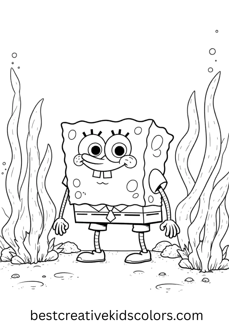SpongeBob hides behind playful coral towers in Coloring pages printable spongebob disney.