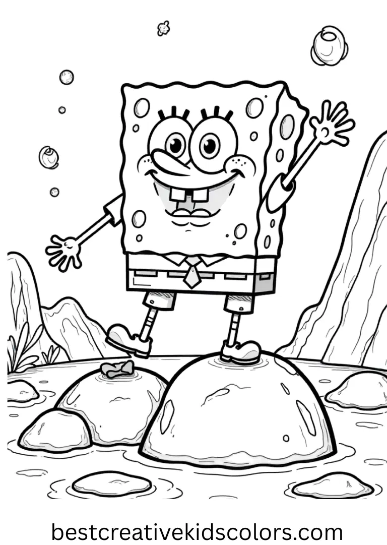 SpongeBob balances on smooth underwater rocks in Coloring pages printable spongebob pdf.