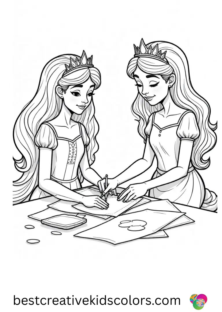 Colouring Sheets for teens depicts princesses arranging paper scraps into collages.