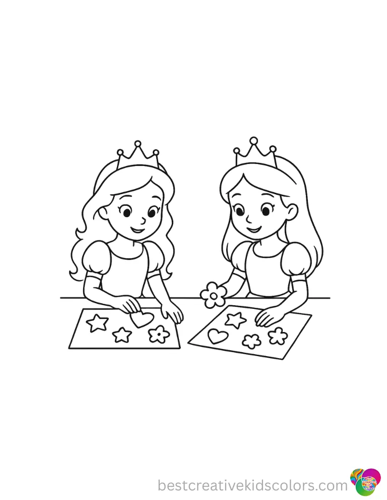 Colouring images for kids Easy shows princesses decorating mats with cutout shapes.