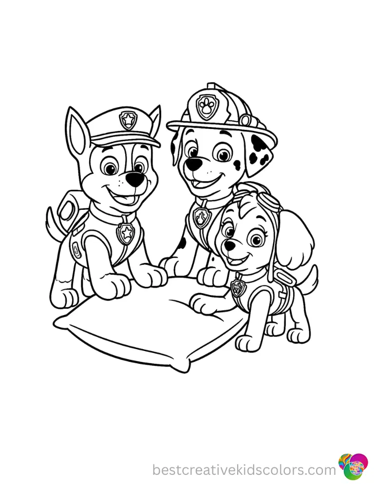Colouring in paw patrol nicely displays the rescue team touching a soft velvet pillow.