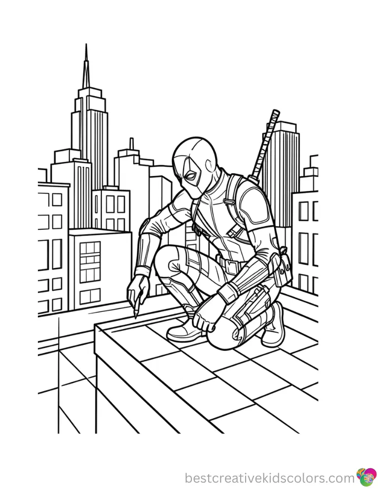 Deadpool sketches cityscapes on rooftops in Colouring pages deadpool adults.