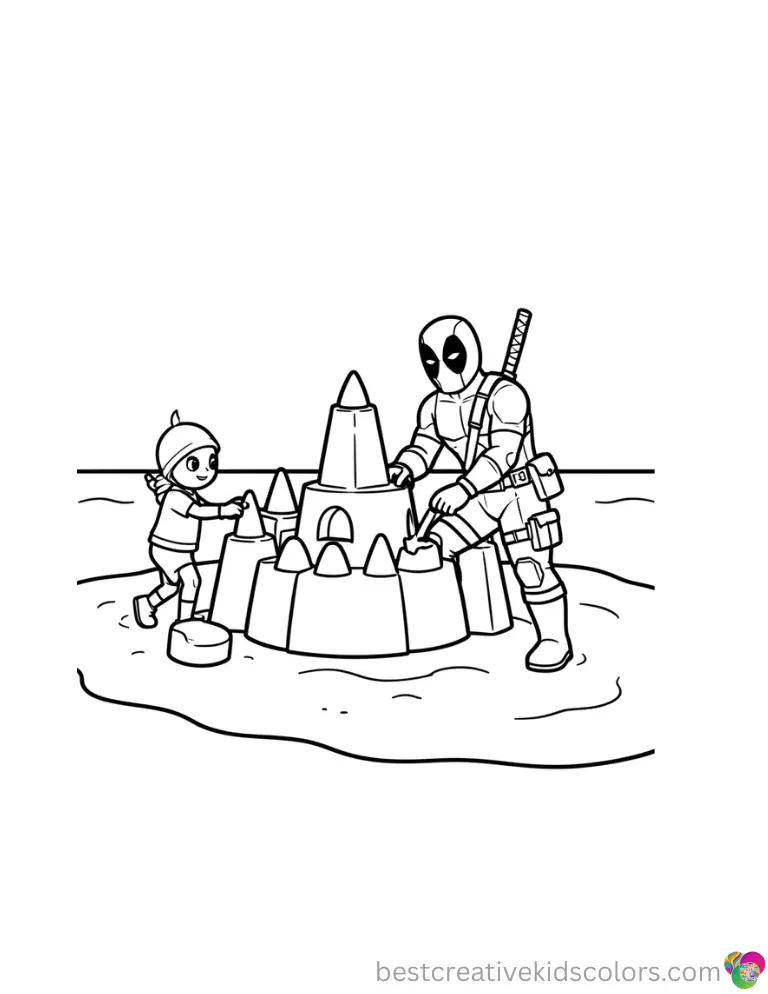 Colouring pages deadpool free feature Deadpool building a giant sandcastle at the beach.