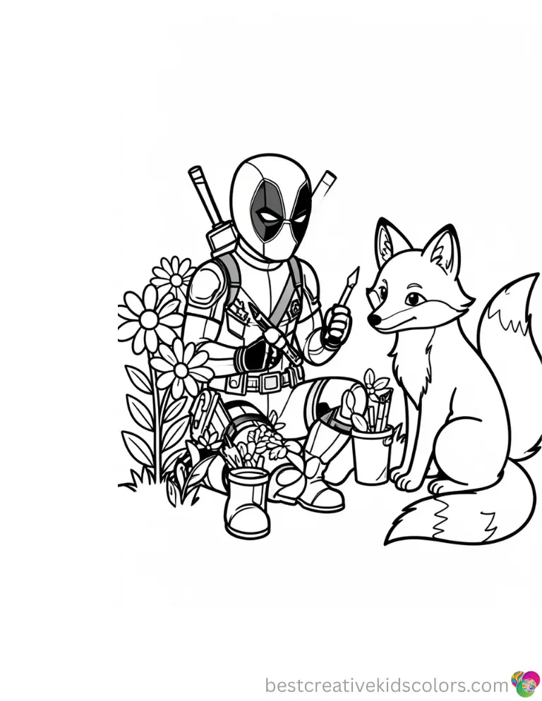 Deadpool enjoys painting flowers alongside a friendly fox in Colouring pages deadpool girl.