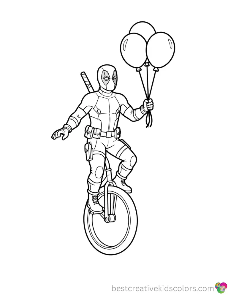 Deadpool tries balancing on a unicycle while holding balloons in Colouring pages deadpool pdf.