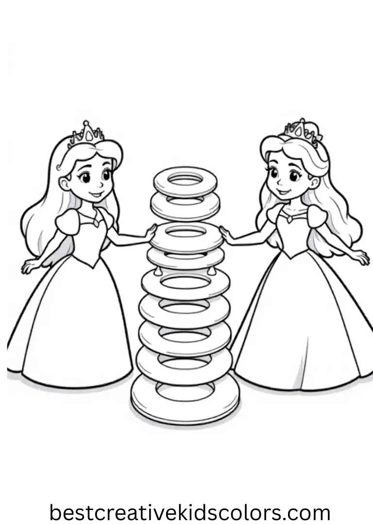 Colouring pages for Girls shows princesses balancing toy rings on pegs.