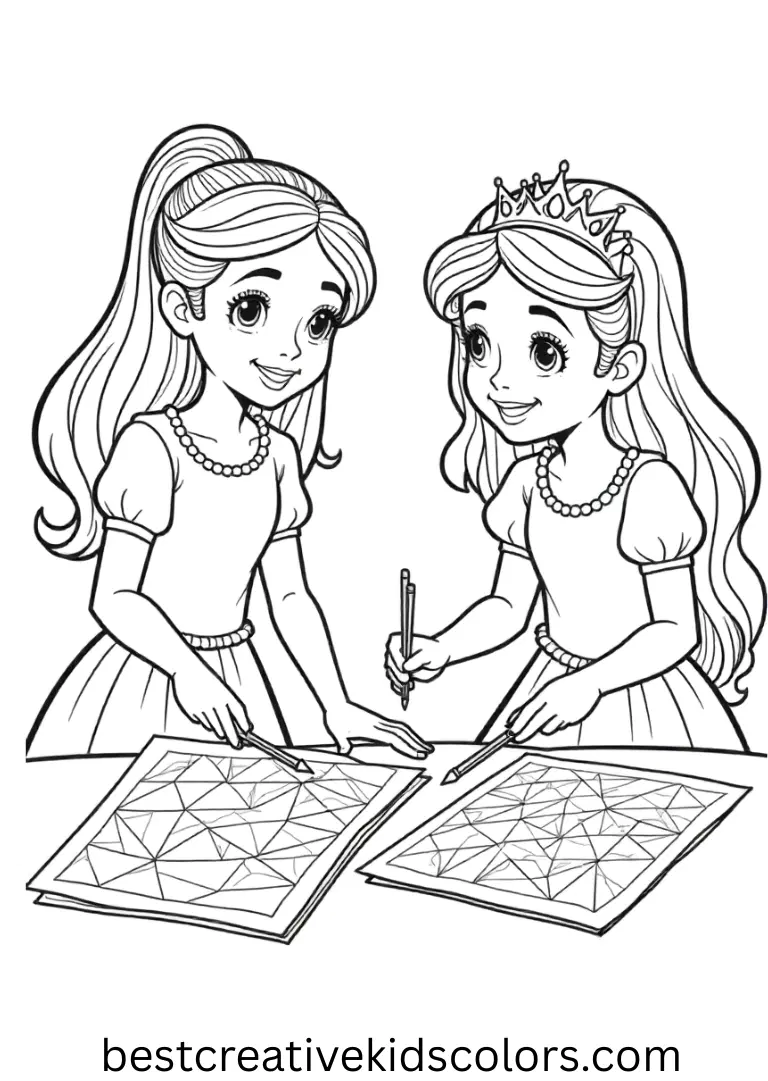 Colouring pages for adults depicts princesses painting simple abstract patterns on paper.
