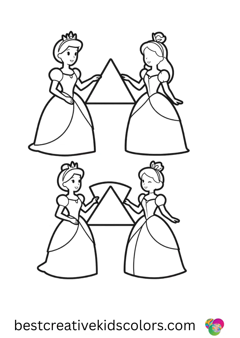 Colouring pages free depicts princesses sorting foam shapes into patterns.