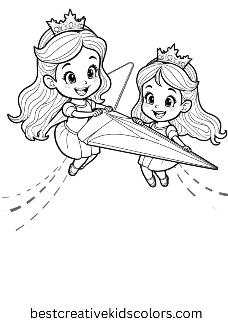 Colouring pictures for grade 7 shows princesses folding paper planes and racing them.