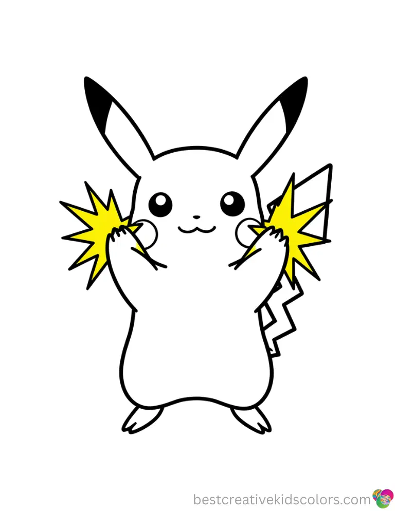 Colouring sheet pokemon features a happy Pikachu releasing bright yellow electric sparks from its cheeks.