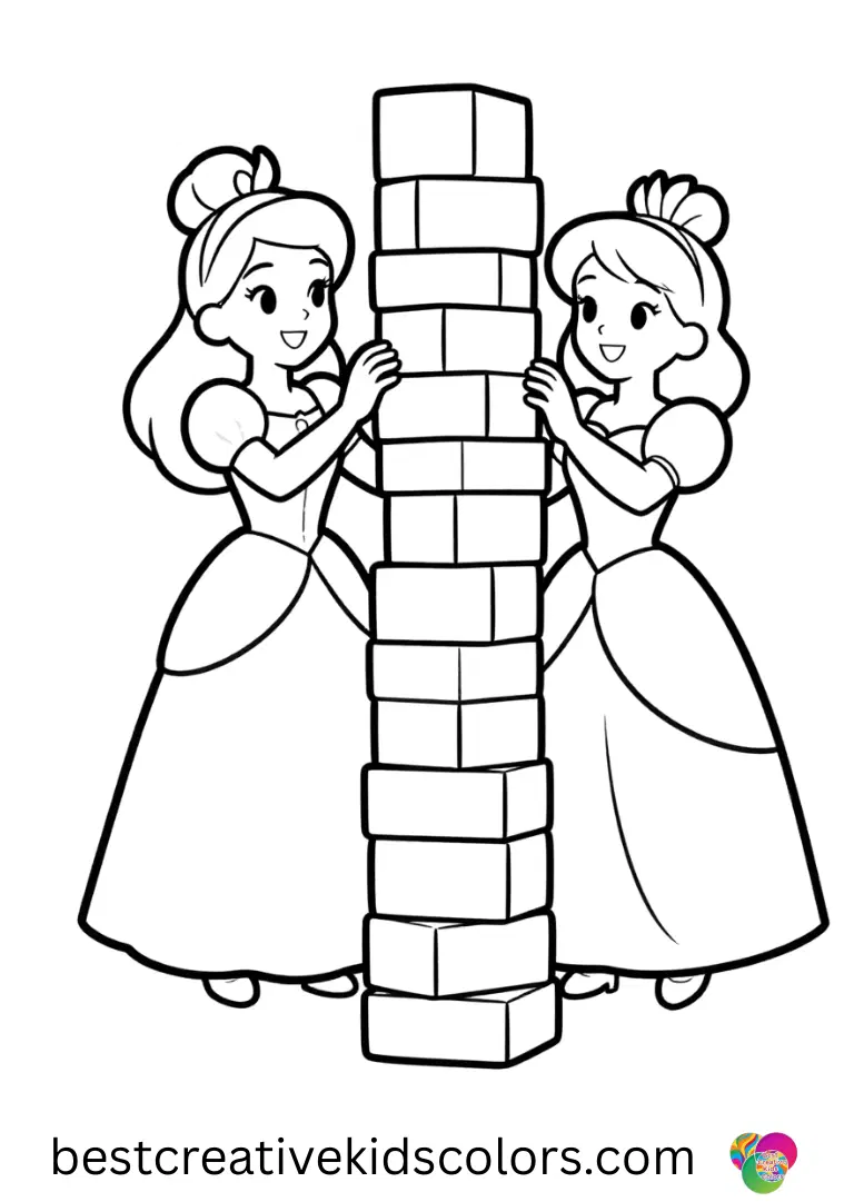 Colouring sheets for boys shows princesses building simple towers from foam blocks.