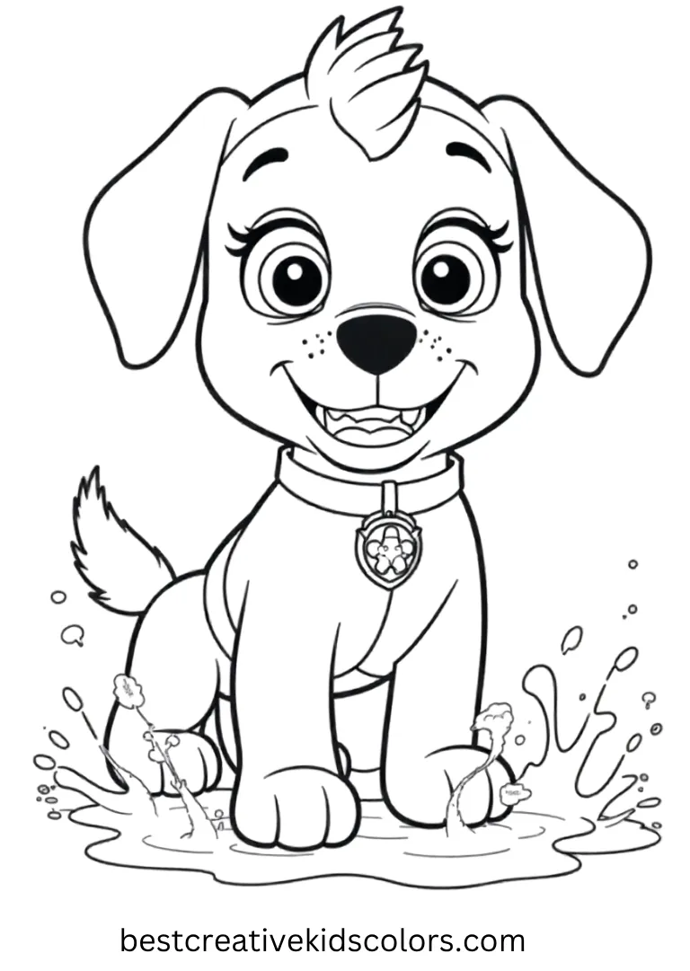 Cute Paw Patrol Coloring Page shows splashing water playfully with friends. This cute paw patrol coloring page is fun to color and enjoy as a cute paw patrol coloring page!