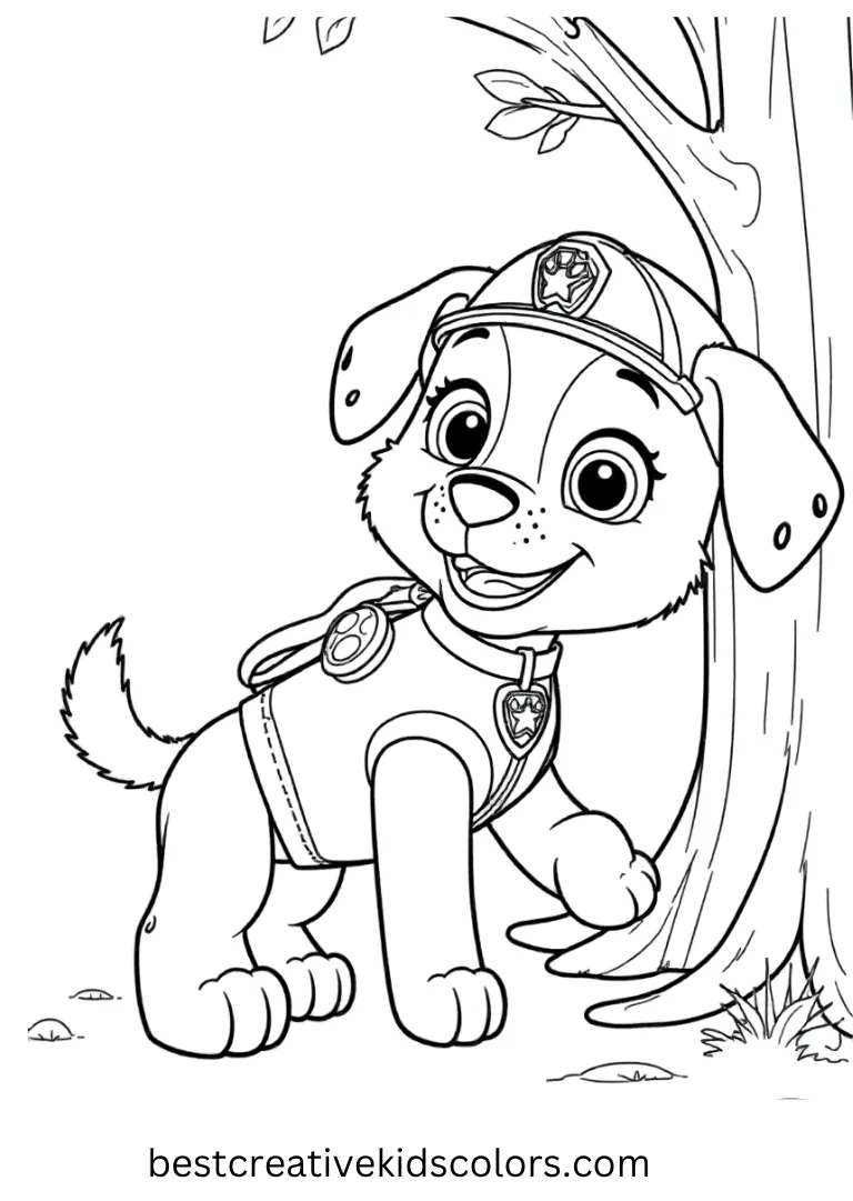 Fun Paw Patrol Coloring Picture shows rescuing a kitten from a tree. This fun paw patrol coloring picture is fun to color and enjoy as a fun paw patrol coloring picture!