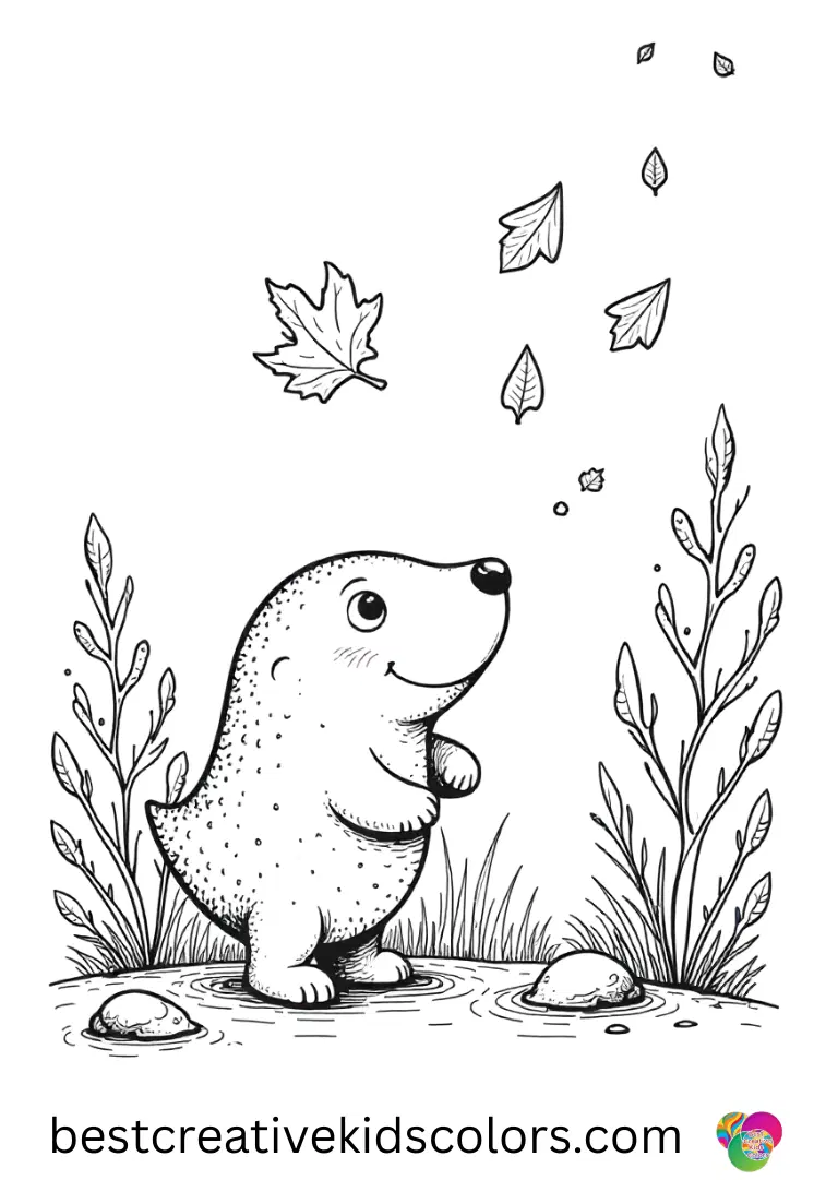 Coral nudges a soft leaf gently in Coral Paw Patrol Coloring Page as autumn leaves drift.