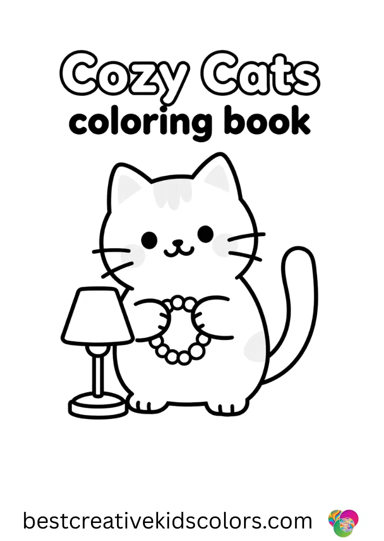 Cozy Cats coloring book shows a cat threading beads into a small bracelet beside a lamp.
