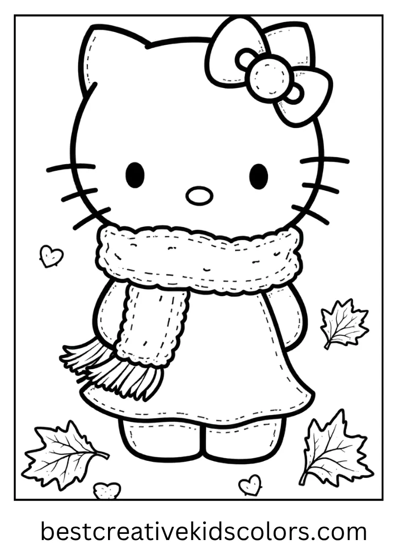 Cozy Fall Scarf Hello Kitty Coloring Sheet She wraps up in a fluffy scarf with a couple of falling leaves around her.