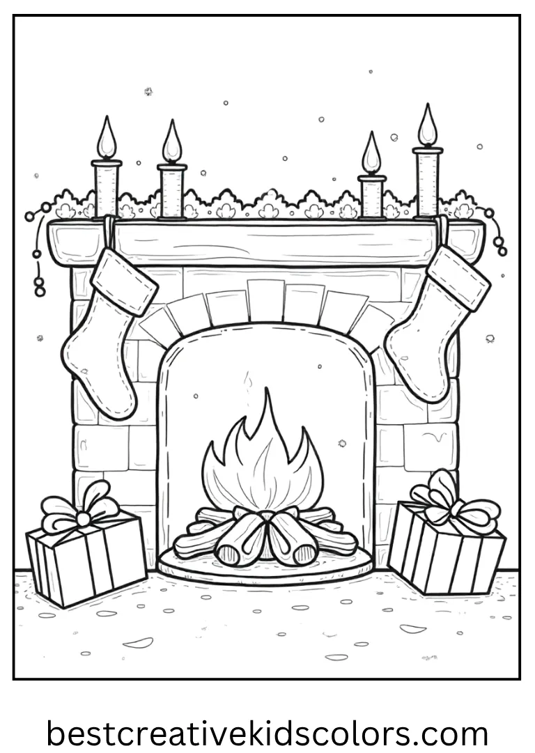 Cozy Fireplace Holiday Scene Coloring Page A warm fireplace with stockings, gifts, and glowing lights.