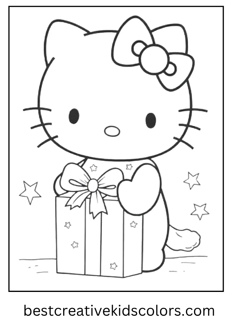 Cozy Holiday Gift Wrapping Kitty Coloring Page Hello Kitty ties a ribbon on a simple present with a few stars around her.
