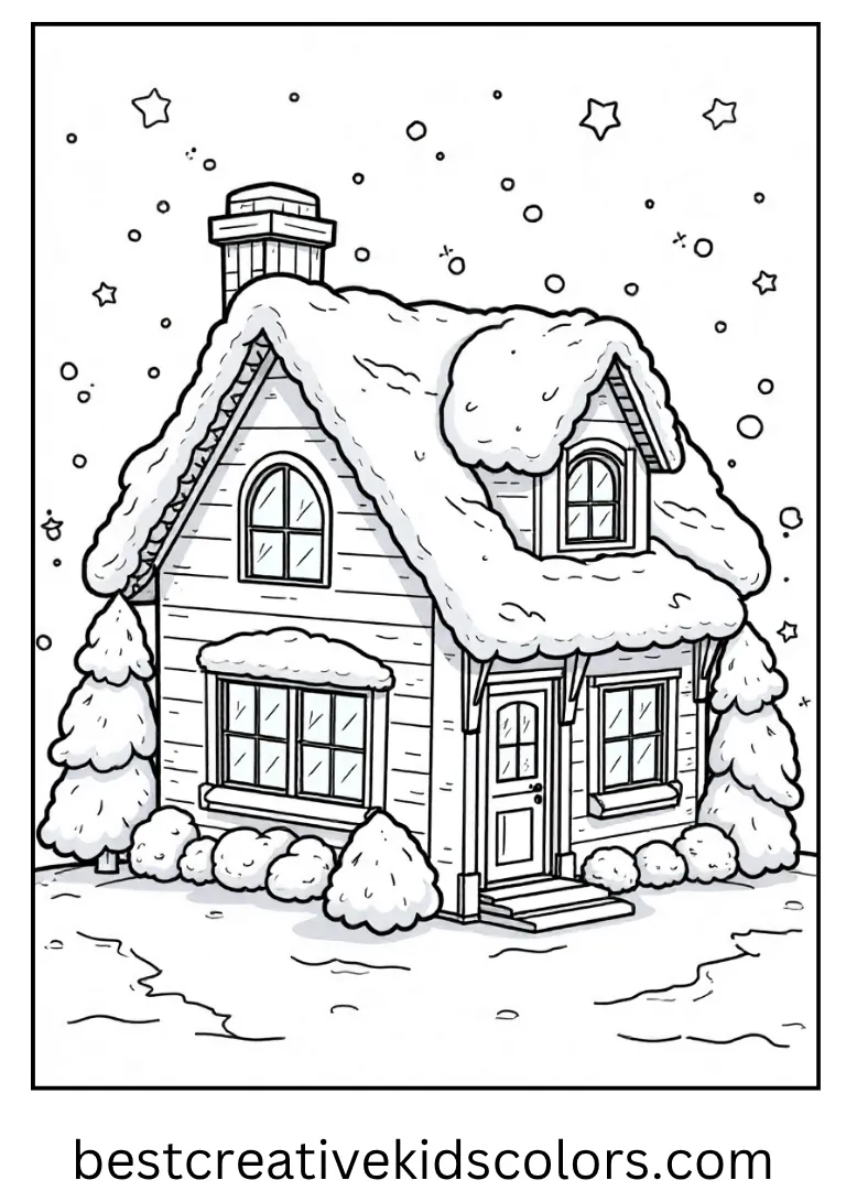 Cozy Holiday House Coloring Sheet A snow-covered house with glowing windows and festive lights.