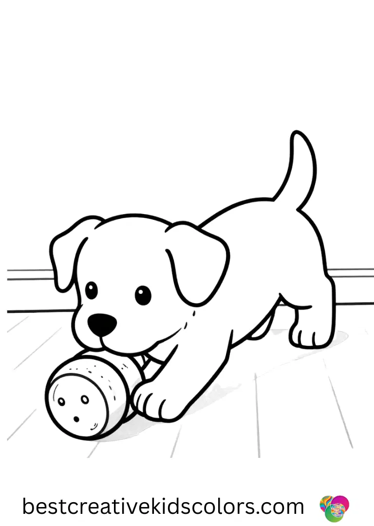 Cozy february coloring page easy shows a puppy rolling cork rings slowly across the wooden floor.