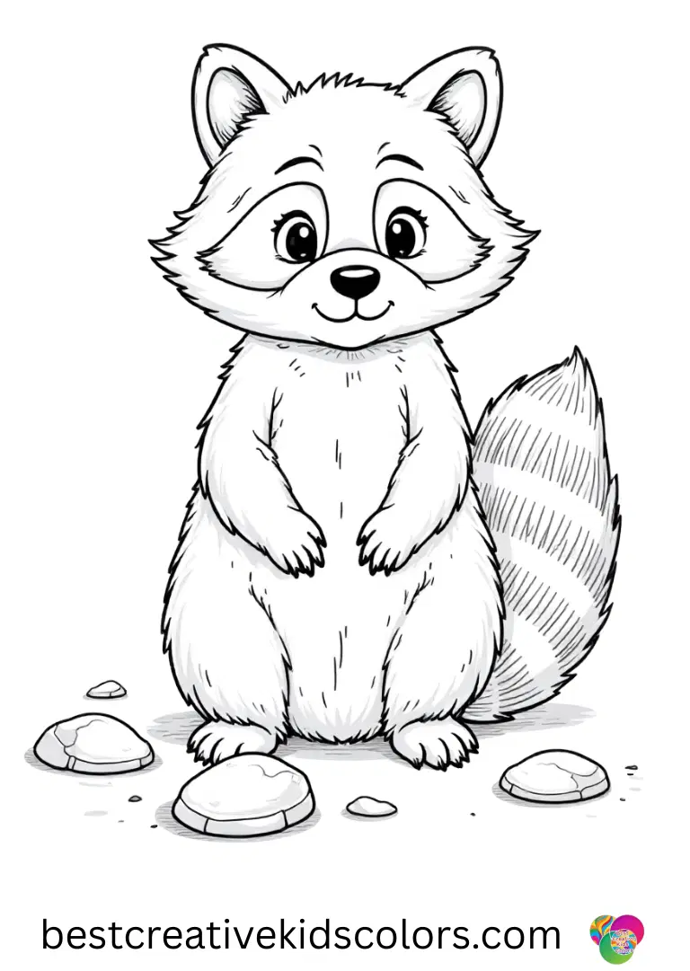 A raccoon tracing chalk borders around smooth stones appears in Cozy february coloring page for adults.