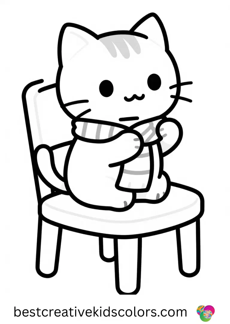 A kitten patting a warm striped scarf over a chair appears in Cozy february coloring page free.