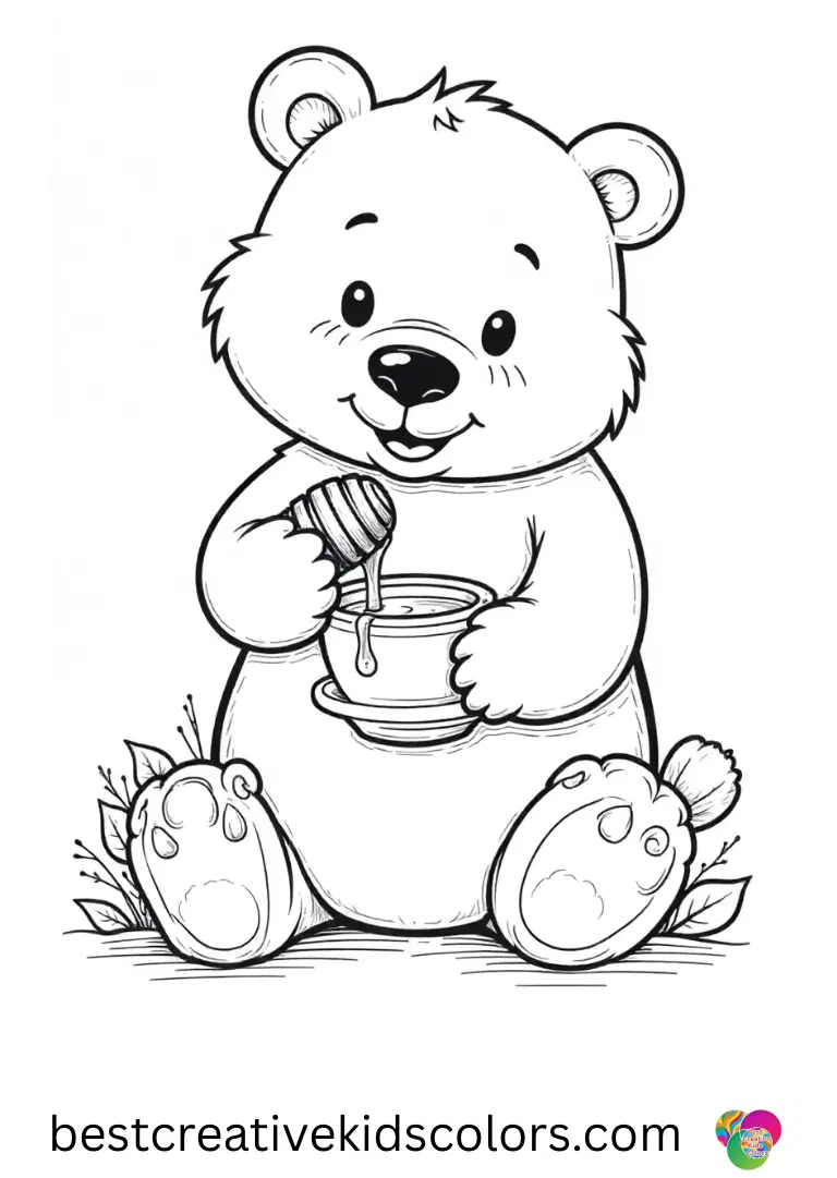 Cozy february coloring page pdf free displays a bear pouring golden honey into a curled leaf cup.