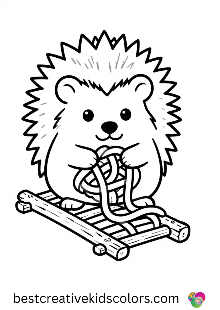 Cozy february coloring page pdf features a hedgehog weaving yarn strands through narrow twig rails.