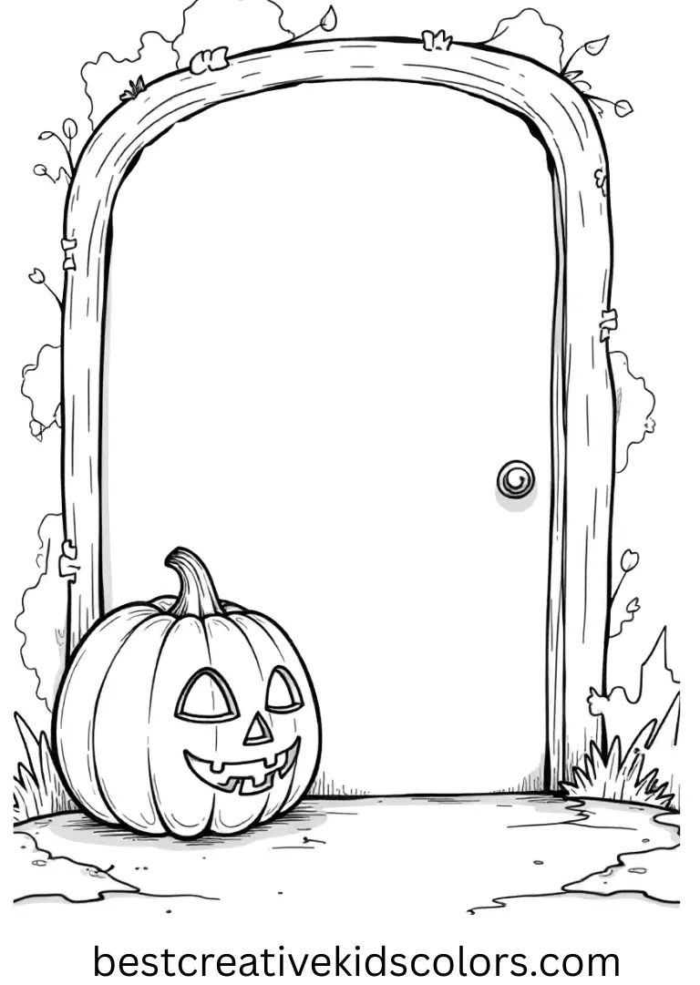 Crayola Halloween Coloring Pages highlights a pumpkin mask propped gently against a doorway.