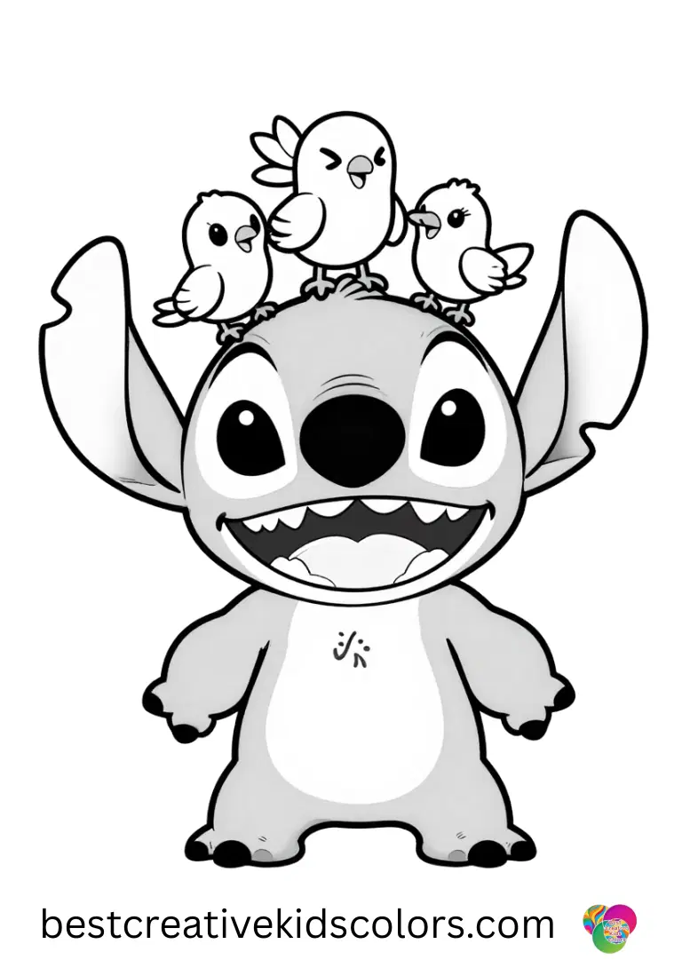 Stitch giggles as tiny jungle birds land on his head in Creative kids color stitch animals.