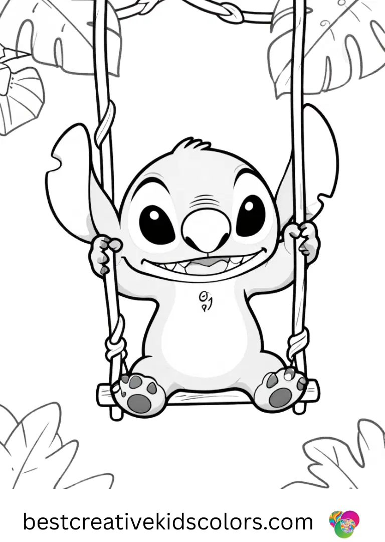 Stitch swings from jungle vines, smiling joyfully in Creative kids color stitch coloring pages.