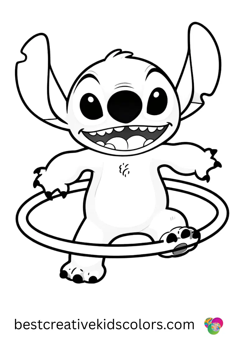 In Creative kids color stitch free, Stitch spins a hula hoop while balancing tropical fruits on his head.