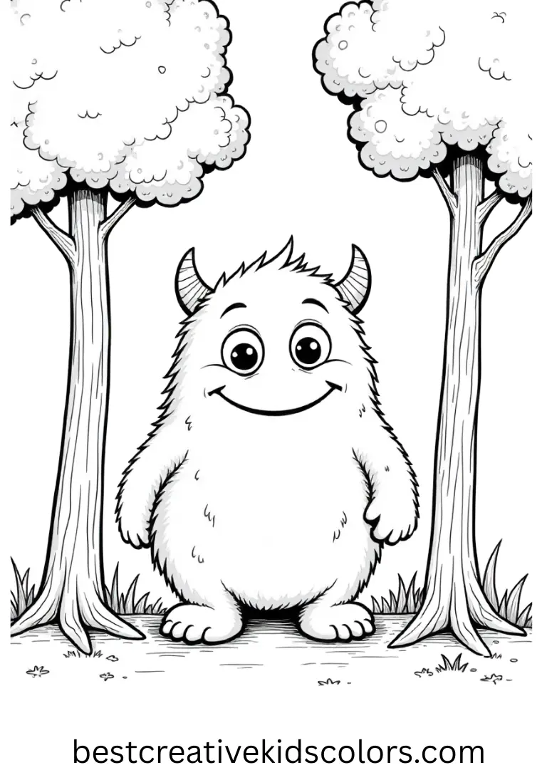 A smiling monster hides behind trees in this fun and playful Creepy coloring pages printable.