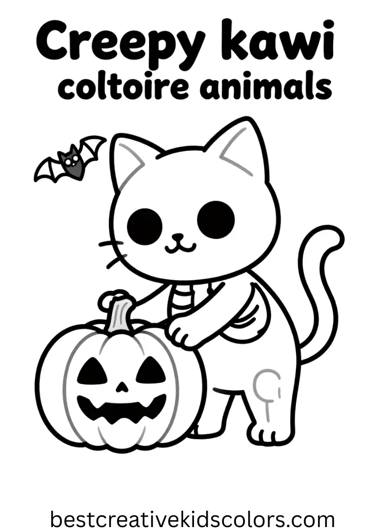 A skeleton cat plays with a pumpkin and a tiny bat in these Creepy kawaii coloring pages printable animals.