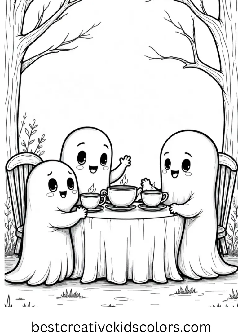 Color a haunted tea party with friendly spirits in your Creepy kawaii coloring pages printable for adults.