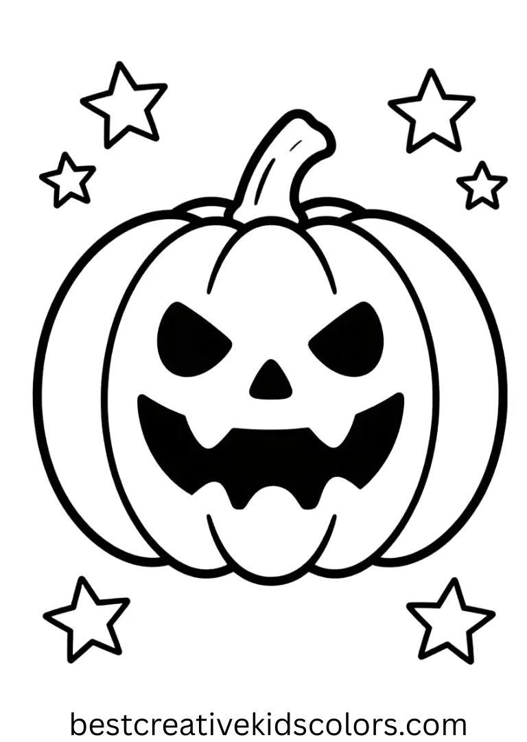 Decorate a grinning pumpkin surrounded by stars in this Creepy kawaii coloring pages printable free.